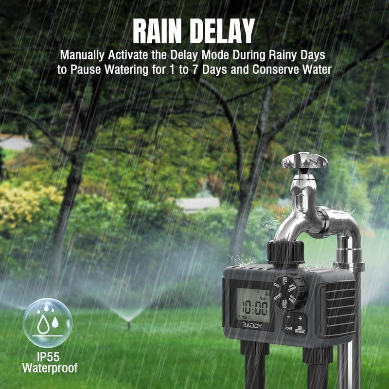 Raddy WS-5 Sprinkler Timer 2 Zone, Programmable Water Hose Timer 2 Outlet for Garden, Outdoor Automatic Irrigation System IP55 Waterproof with Rain Delay/Manual for Lawn, Yard, Pool - Image 4